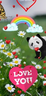 Cheerful nature wallpaper with panda, rainbow, butterfly, and daisies.