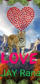 Tiger and heart design in nature scenery wallpaper.