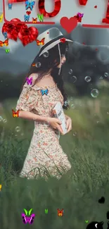 Woman in nature with butterflies and love theme.