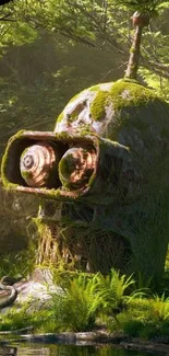 Futuristic robot head in lush green forest setting.