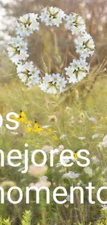 Nature wallpaper with flowers and text 'los mejores momentos' overlayed.