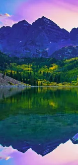 Mountain lake reflected in serene, colorful landscape.