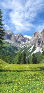 Lush green meadow with towering mountain and clear blue sky.