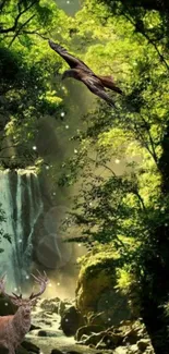 Majestic deer and eagle in lush forest wallpaper with waterfall.