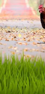 Chicken and snail on a forest path with lush green grass.