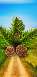 Scenic nature path with pinecones and vibrant blue sky wallpaper.