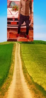 A scenic pathway through a green field with a vibrant blue sky.