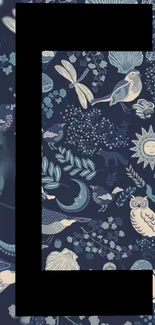 Intricate nature-themed phone wallpaper in indigo with floral and animal designs.