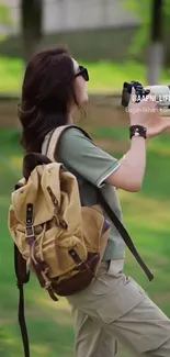 Woman in nature photographing with a camera in lush green outdoors.