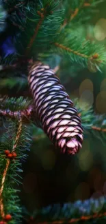 Close-up of a pine cone surrounded by green needles and bokeh effect on branches.