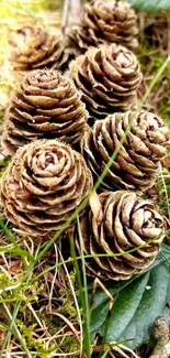 Pine cones on forest floor with green foliage.