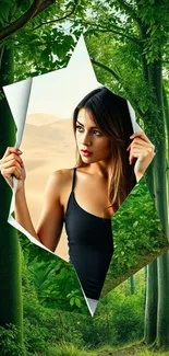 Woman emerges from forest portal in creative wallpaper design.