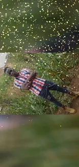 Person standing in a natural setting with golden speckles on the wallpaper.