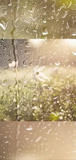 Nature wallpaper featuring raindrops with green and brown tones.