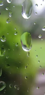 Mobile wallpaper with green hues and raindrops on a window, creating a serene feel.