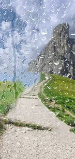 Raindrops on a path with mountains and cloudy sky wallpaper.