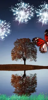 Mobile wallpaper with tree reflection, fireworks, and butterfly under a night sky.