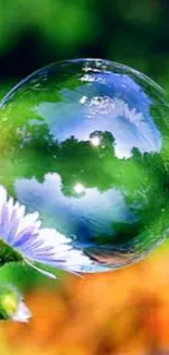 Nature bubble reflecting vibrant green landscape with flower.