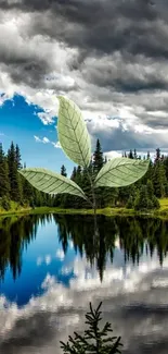 Mobile wallpaper with serene lake and leaf art reflecting nature's tranquility.