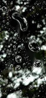 Water droplets reflecting trees on a mobile wallpaper.