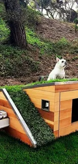 Wooden doghouse in lush green setting with a small dog perched on top.