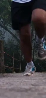 Jogger on a nature trail with lush greenery around.