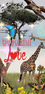 Nature wallpaper with giraffes and love message.