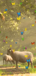 Scenic wallpaper with sheep and colorful butterflies in a forest landscape.