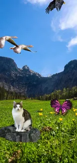 Cat on rock in meadow with butterflies, birds, and mountain backdrop.