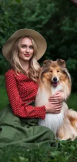 Woman and dog sitting in lush green park setting.