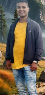 Person in yellow shirt with nature backdrop