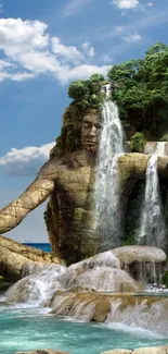 Majestic nature sculpture with cascading waterfalls in lush green landscape.