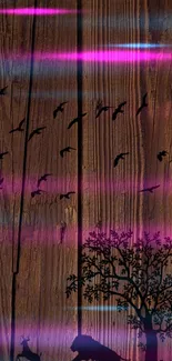 Nature silhouette with neon lines on brown wood texture wallpaper.