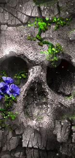 Skull with green vines and purple flowers on stone background.