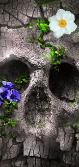 Artistic skull wallpaper with flowers and gray cracked background.