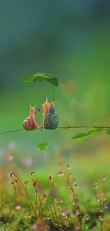 Vibrant snails on a leafy branch in serene green nature.