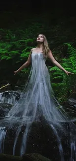 Woman in a waterfall dress surrounded by lush greenery in a vibrant forest.