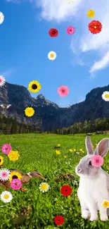 Rabbit and flowers in a spring meadow with mountains.