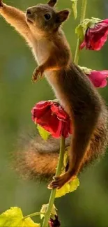 Squirrel on flowering branch wallpaper in nature setting.