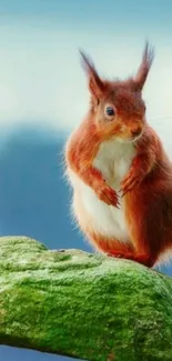 Charming red squirrel on a green mossy rock with a serene blue background.