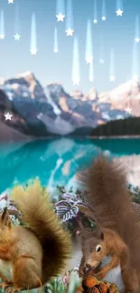 Squirrels by a turquoise lake under a starry mountain sky wallpaper.