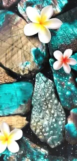 Teal stones with white flowers mobile wallpaper