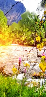 Mountain stream with colorful flowers and lush greenery.