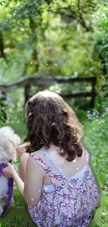 Girl with dog in lush green garden, capturing a serene moment.