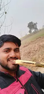 Man enjoying sugarcane in rural landscape on a calm day.