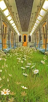 Subway car filled with grass and daisies, blending urban and nature.