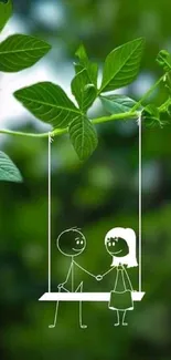 Stick figures on a leafy swing mobile wallpaper.