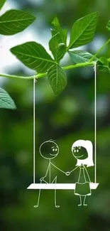 Stick figures on a swing among green leaves wallpaper.