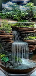 Artistic terrarium with waterfall and greenery in a glass vase.