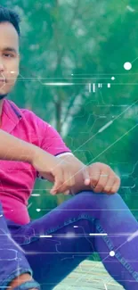 A person sitting outdoors with greenery background and heart graphic.